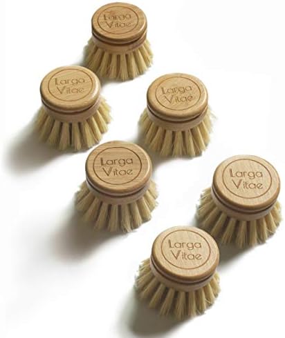 6 pcs Wooden Dish Brush Replacement Heads Made of Renewable Bamboo Wood and Natural Bristle Fiber, Durable, Long Lasting (Tampico Fiber) by Larga+Vitae