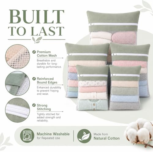 Green 5-piece set in bags, durable cotton mesh laundry bags, sturdy zipper, breathable mesh, delicate laundry bags, suitable for underwear, clothes, pants, and socks - Image 5