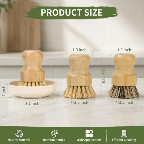 4-PCS Natural Bamboo Dish Brush with Ceramic Tray for Cleaning - Image 3