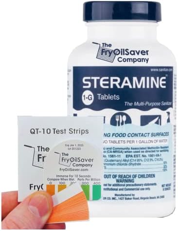 1 Bottle Steramine Sanitizer Tablets w/15x QT-10 Test Strips - Multi Purpose Steramine Sanitizing Tablets for Food Contact Surface, Kitchen, Restaurant & Commercial Use by FryOilSaver (150 Count) by THEFRYOILSAVERCOMPANY
