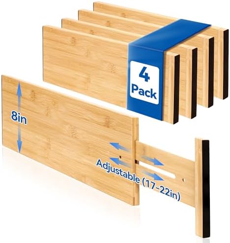 4 Pack 8" Deep Bamboo Drawer Dividers, 17-22" Expandable Kitchen Organizers by Leaforylife