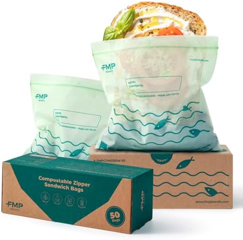 Fit Meal Prep 50 Pack 100% Compostable Sandwich Bags, 6.5 x 6.7" Resealable Food Storage Freezer Bags, Eco Friendly Snack Bags for Travel, ASTM D6400, US BPI & EU OK Compost Certified by FMPBRANDS