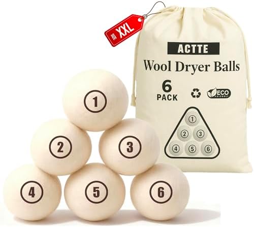 Wool Dryer Balls Laundry, XXL(3.1") 6 Pack, Premium Fabric Softener Ball, Reusable, Anti Static, Chemical Free Natural Wool Balls for Dryer, Laundry Dryer Balls – 100% New Zealand Wool by ACTTE