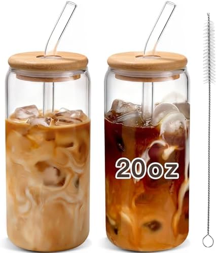 Iced Coffee Cups with Lids 2 pcs: 20 oz Glass Cups with Lids and Straws as Coffee Bar Accessories - Beer Drinking Glasses - Reusable Glass Tumbler,Cute Coffee Cups for Coffee,Juice,Gifts by DWTSDANWEITESI