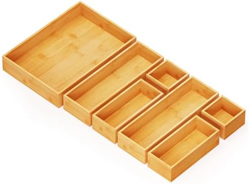 SpaceAid 7-Piece Bamboo Drawer Organizer Storage Boxes Set, Wood Tray Junk Drawer Organizers Multi-Use Divider Bins for Kitchen, Bathroom, Office Desk and Makeup Organization (7 Pack, Natural) by SpaceAid