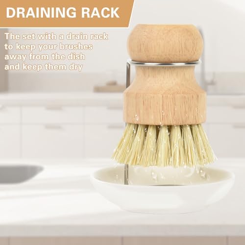 Wooden Dish Brushes, Dish Scrubber Brushs for Cleaning Dishes, Kitchen Wooden Cleaning Dsihes Set with Draining Rack, Natural Sisal Bristles, 3 Set - Image 4