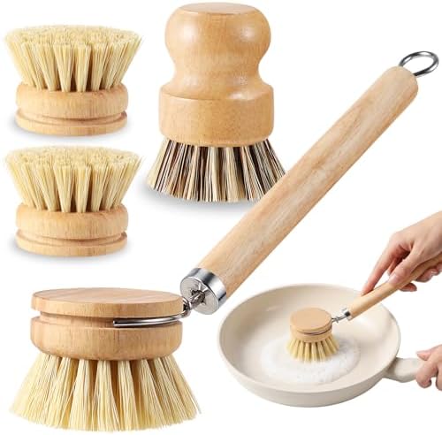 5 Pcs Bamboo Dish Brush Set Includes 1 Wooden Handle with 3 Natural Replaceable Bristle Heads and 1 Handheld Bamboo Wok Brush Scrubber for Dishes Pans Pots Fruit and Veggie Washing(Style B) by ZJoey