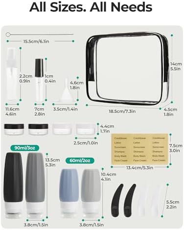 BAGSMART 18 Pack TSA Approved Travel Bottles for Toiletries, Leak Proof Silicone Travel Size Containers Bottles for Shampoo, Grey - Image 6