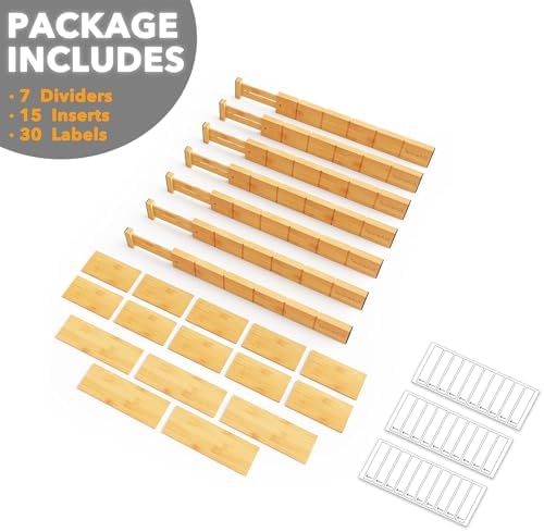 SpaceAid Bamboo Drawer Dividers with Inserts and Labels, Kitchen Adjustable Drawer Organizers, Expandable Organization for Home, Office, Dressers, 7 Dividers with 15 Inserts (17"-22" Natural) - Image 7