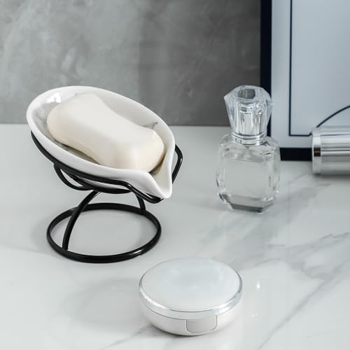 Dobbyby Leaf-Shaped Soap Dish – Ceramic Soap Bar Holder with Self-Drainage System – Bar Soap Holder for Shower, Bathroom Sink, Kitchen – Soap Dish with Stainless Steel Stand (White-Black-2 Pack) - Image 6