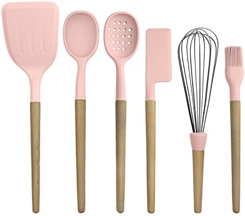 Country Kitchen Non Stick Silicone Utensil Set with Rounded Wood Handles for Cooking and Baking, 6 Piece Set, Pink by CountryKitchen