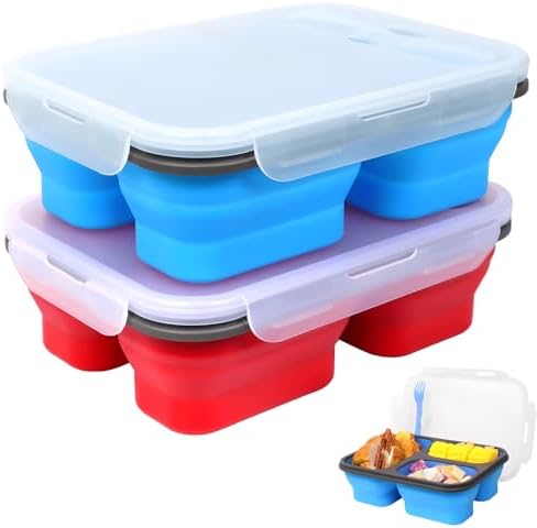 Big Collapsible Silicone Bento Lunch Box, 2 Pack with 3 Compartments Each,45.6oz Food Storage Containers with Spoons Forks, Portable for Work, Picnic, Travel, BPA Free by Unknown
