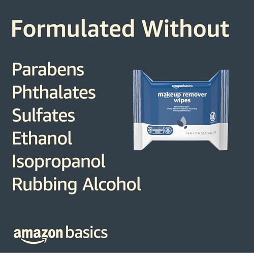 Amazon Basics Makeup Remover Wipes, Gentle Facial Cleansing, Dermatologist Tested, Original, Plant-Based, Alcohol-Free, Removes Waterproof Mascara, 25 Count, 1-Pack - Image 4