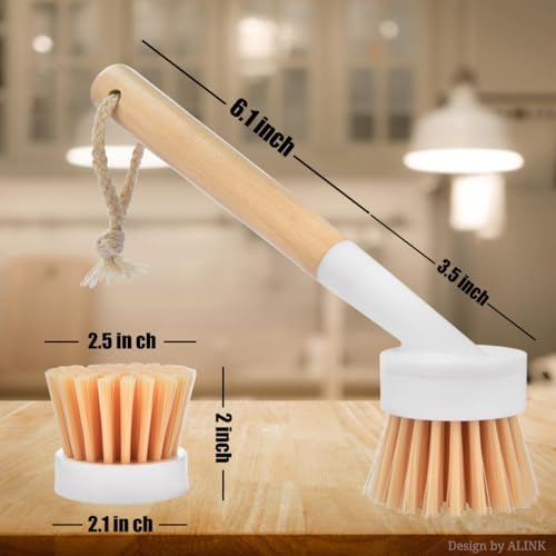 ALINK Dish Brush with Handle and 3 Replacement Heads, Pot and Pan Cleaning Scrub Brush for Kitchen, Sink, Stove, Cast Iron Scrubber - Image 2