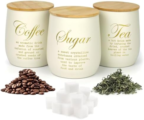 Coffee Tea Sugar Container Set of 3,Farmhouse Storage Containers Jars,Airtight Metal Kitchen Canister Set with Bamboo Lids for Kitchen Counter Dining Room (Metal, 1) by EQEYBRAND