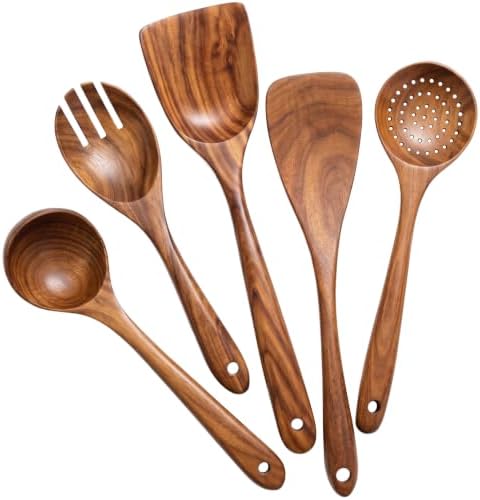 AIUHI Wood Utensils Set for Cooking, Teak Wooden Utensils Set Wood Spatula for Nonstick Cookware Kitchen Utensils Set 5 by AIUHI