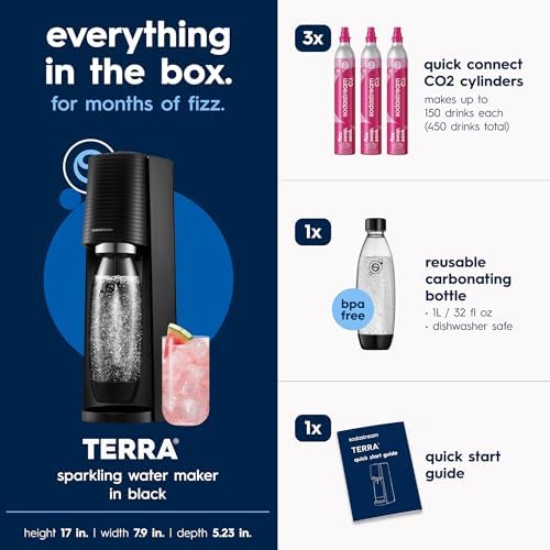 SodaStream TERRA Sparkling Water Maker, CO2 Bundle, CQC CO2 System, Includes 3 Quick Connect 60L CO2 Cylinders, 1 Dishwasher Safe BPA Free Bottle, Make your own Pepsi, Black - Image 2