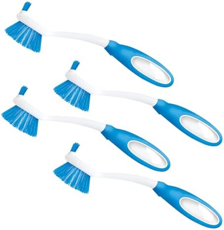 Dish Brush Scrubber for Kitchen, 4 Pack, by LOLA, Has Stiff Bristles & Food Scraper, Comfort No-Slip Grip Handle, Safe for Non-Stick & Coated Cookware by LolaProducts