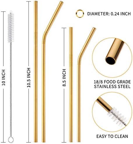 Hiware 12-Pack Gold Stainless Steel Straws Reusable with Case - Metal Drinking Straws for 30oz & 20oz Tumblers Dishwasher Safe, 2 Brushes Included - Image 2