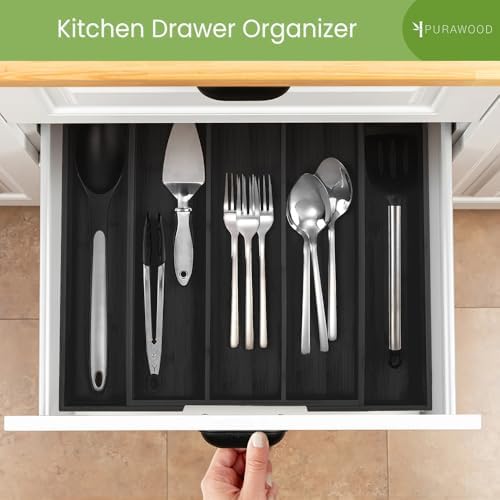 Purawood Kitchen Drawer Organizer - Expandable Utensil Organizer for Kitchen, Cutlery Tray & Silverware Organizer, 3-5 Slots - Bamboo Drawer Organizer for Utensils & Flatware (Black) - Image 5