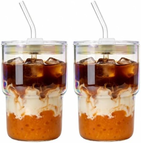 Luxfuel 16 oz Glass Cups with Lids and Straws Reusable Iced Coffee Tumbler by Luxfuel