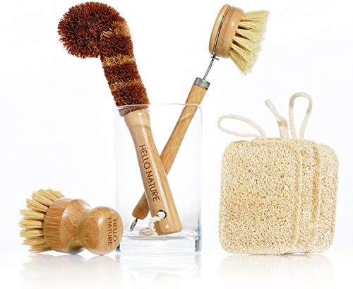 Plant-Based 6pcs Kitchen Brush Set by HELLO NATURE, Sustainable & Biodegradable Natural Fibre Bamboo Dish Brush,Bottle Brush,Pot Brush & 3 Natural Loofah Sponges, Zero-Waste,Plastic Free Kitchen Set by Unknown