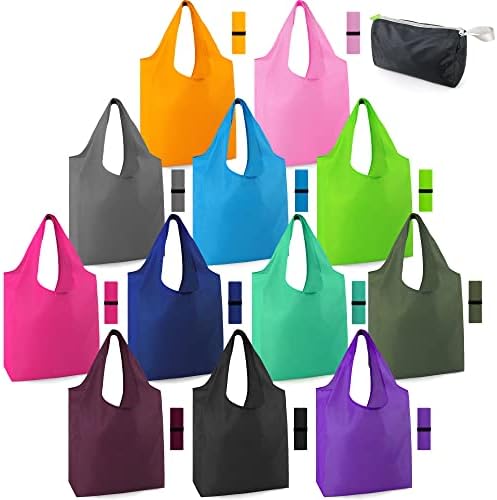 BeeGreen 12 Pack Bulk Reusable Grocery Bags Multicolor Durable Machine Washable Grocery Bags for Shopping X-Large 50LBS Heavy Duty Folding Reusable Bags Totes with Zipper Storage Bag by BeeGreen