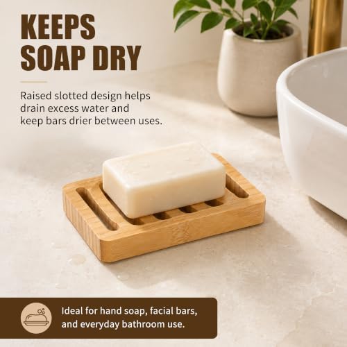 SAMEBUTECO Bamboo Soap Holder 2-Pack, 4.9 Inch Self Draining Bar Soap Saver with Pads - Image 4