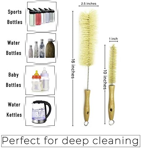 All Natural Bottle Brush and Straw Set (NO Plastic) Sisal Bristles and Wood Handle Bottle Cleaners for Washing Narrow Beer Bottles, Sports/Water Bottles, Tumbler, Kettles, Lid Brush, Long Straw Brush - Image 2