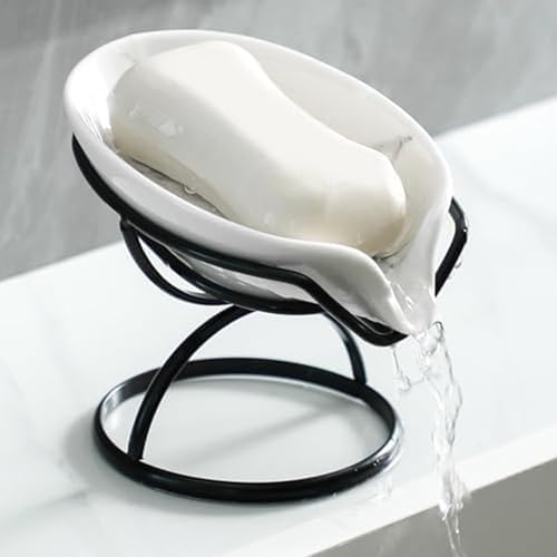 Dobbyby Leaf-Shaped Soap Dish – Premium Ceramic Soap Bar Holder with Self-Drainage System – Bar Soap Holder for Shower, Bathroom Sink, Kitchen – Waterfall Soap Dish with Stainless Steel Stand (Black) by Dobbyby
