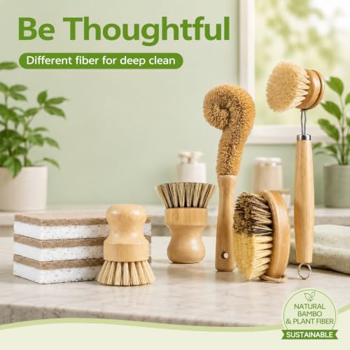 GREENTH PRO 9-Piece Bamboo Dish Brush Set with Natural Coconut Sponges - Image 4