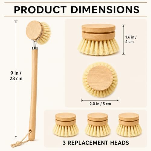 Natural Bristle Dish Brush with 3 Refill Heads, Long Handle - Image 2