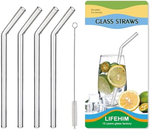 Reusable Borosilicate Glass Straws for 16 oz Tumblers, 9 Inch x 8mm Bent by LIFEHIM