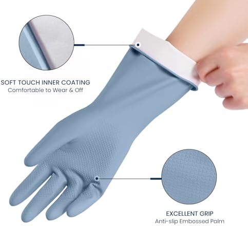 Rubber Cleaning Gloves for Dishwashing, 4 Pairs Reusable Kitchen Gloves for Washing Dishes and Household Cleaning, Blue Dish Gloves with Flocked Lining and Non-Slip Grip, Pefect for Woman Men - L - Image 2