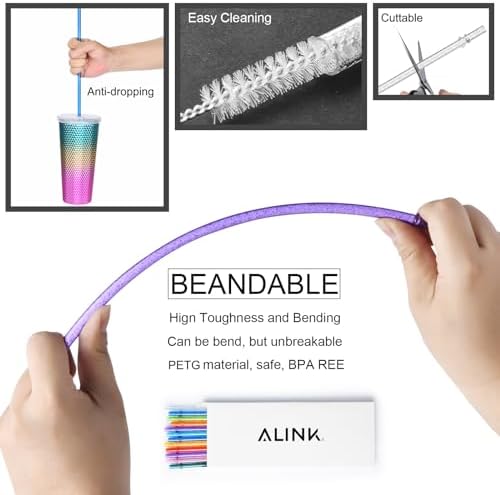 ALINK 12-Pack Reusable Glitter Straws, 13 inch Extra Long Hard Plastic Tumbler Straws for Stanley Cups, 64 oz 40 oz 32 oz Tumblers, Yeti, Mason Jar, Gallon Jug with Brush - Assroted Colored - Image 3