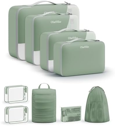 OlarHike Packing Cubes for Travel,Gifts for Women Mom,Anti-Tearing Suitcase Organizer for Luggage with Shoe & Hanging Toiletry Bag,Vacation Essentials & Accessories for Cruise Ship,9 Set,Matcha Green by OlarHike