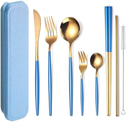 AARAINBOW 8 Pieces Stainless Steel Flatware Set Portable Reusable Cutlery Set Travel Utensils Set Including Chopsticks Knife Fork Spoon Straws Cleaning Brush Dishwasher Safe (Blue Golden) by AARAINBOW