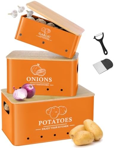 Kitchen Vegetable Storage Set of 3, Metal Onion Garlic Potato Storage Set, Kitchen Canisters Vegetable Keeper Containers with Aerating Holes and Bamboo Lid,Orange by Dekosilave