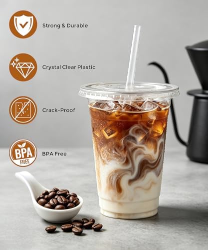 Ginkgo 50 Pack 16 oz Clear Plastic Cups with Lids and Straws - Image 2