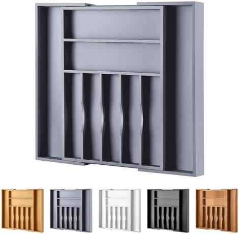 Large Premium Bamboo Silverware Organizer - Expandable Drawer Organizer & Utensil Organizer - 17"x19.7" Cutlery Tray with Dividers for Kitchen Utensils and Flatware (7-9 Slots) (Grey) by oridom