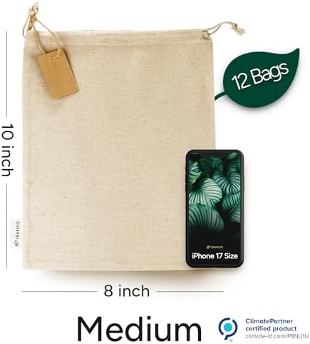 LEAFICO Organic Cotton Produce Bags - Medium 8x10 Inch (12 Bags) - Reusable Muslin Storage Bags with Drawstrings - Biodegradable Canvas Fabric - Perfect for Snacks, Clothes - Image 2