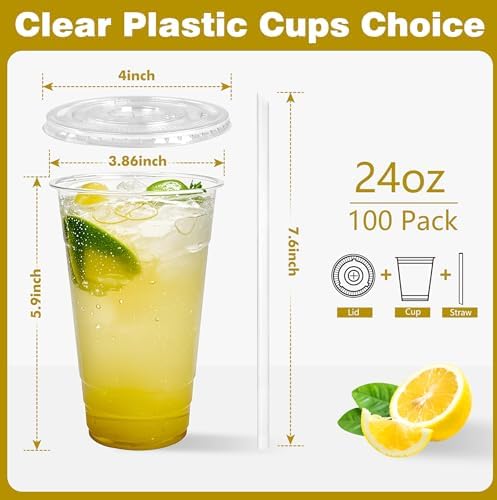 Charmount 24 oz Clear Plastic Cups with Lids and Straws - Image 2