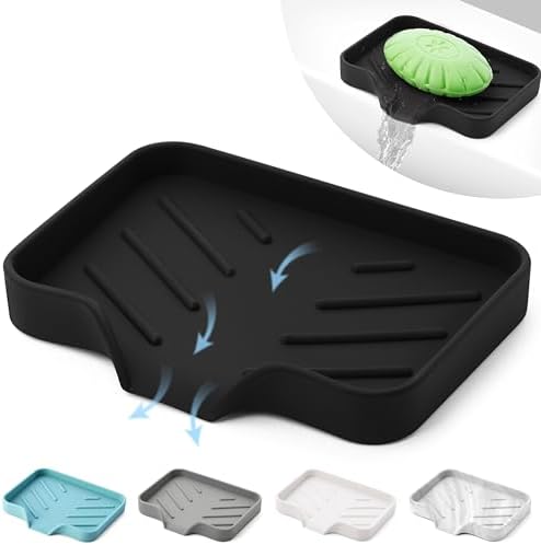 Black Silicone Soap Dish Tray, Self Draining Soap Holder for Bar Soap, Silicone Soap Tray with Drainage, Dish Soap Tray for Kitchen Counter, Plastic Free, S(4.7x3.5) by AGCOMPANY