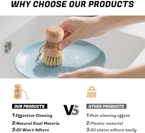 Bamboo Dish Brush 1-Pack - Natural Wood Dish Scrub Brush with Sisal Bristles for Cleaning Pots Pans and Sink - Eco-Friendly Kitchen Scrubber - Image 6