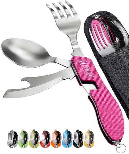 Orblue 4-in-1 Camping Eating Utensils, 2-Pack - Portable Spoon, Fork, Knife & Bottle Opener Combo Set - Stainless Steel Flatware with Detachable Fork - Travel, Backpacking Cutlery Multitool, Hot Pink by Orblue