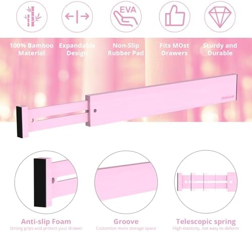 ANTOWIN Expandable Bamboo Drawer Dividers Organizers, Drawer Separators Splitter, 17-22 inches Long Adjustable Spring-loaded Organizer for Large Utensil, Clothes, Tools(Pink) - Image 2