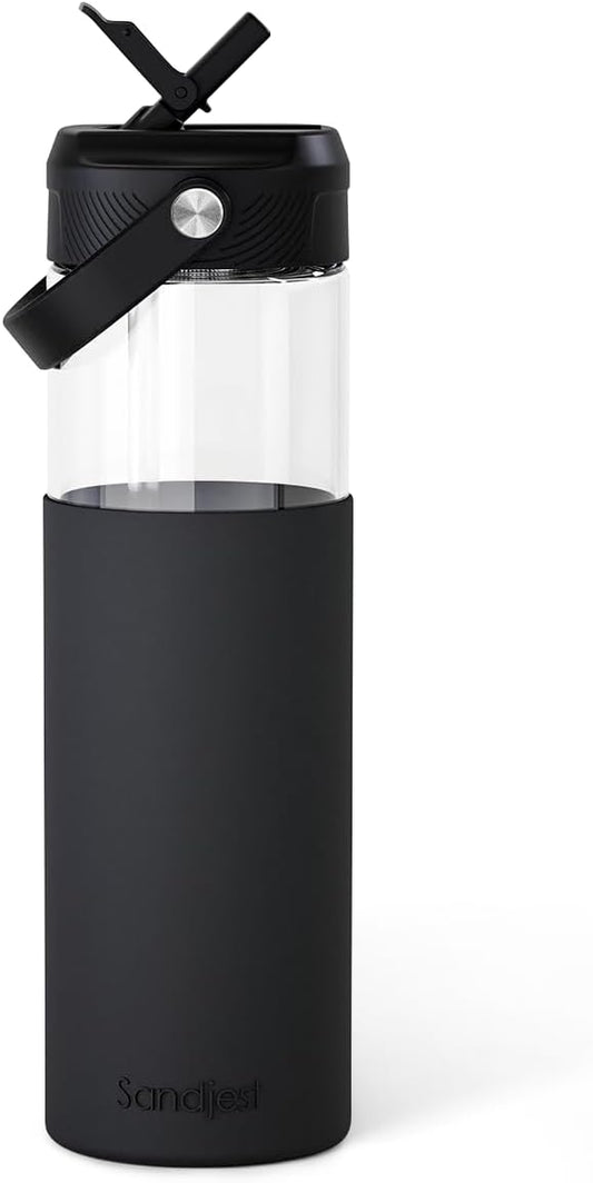 Glass Water Bottle with Silicone Sleeve and Straw Lid 20oz for Girls Women, Glass Drinking Bottles for Travel Home Gym Sports (Velvet Black)