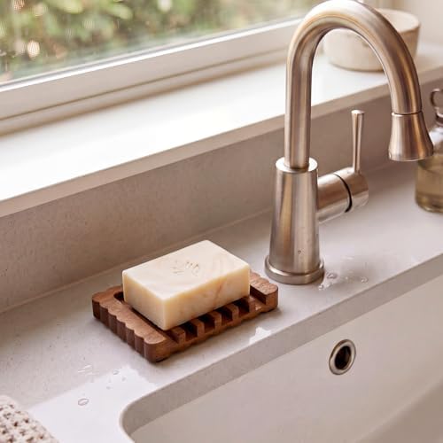 Jinei 1 Pcs Scalloped Wood Soap Dish 4.72 x 2.95 x 0.59 Inch Sapele Bar Soap Holder with Self Draining Non-Slip Point Design Sponge Saver for Shower Bathroom Kitchen - Image 5