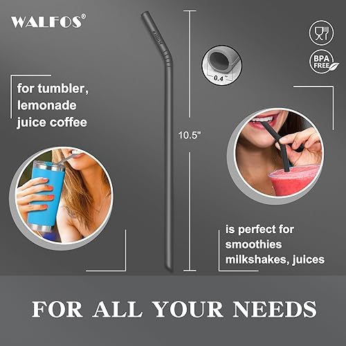 Walfos Reusable Silicone Straws -10.5 Inch Flexible Drinking Bendy straws for Smoothies/20 & 30 oz Tumblers, BPA Free (6 pcs Wide + 1 Cleaning Brushes ） - Image 4