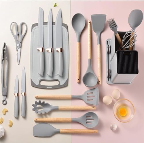 Kitchen Utensils Set & Knife Set with Block, 19 Piece All-in-One Cooking Set, 12 Nonstick Silicone Utensils + 5 Sharp Stainless Steel Chef Knives + Cutting Board, Dishwasher Safe Gift Set (Gray) - Image 3